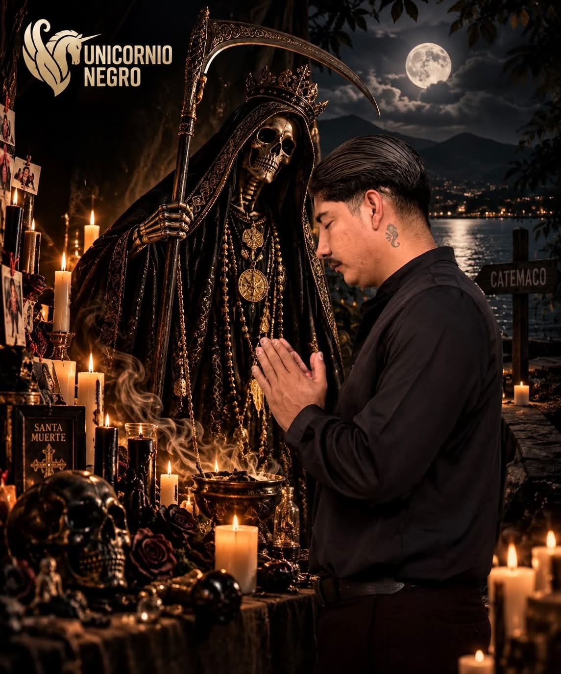 Unicornio Negro en oración ante un altar