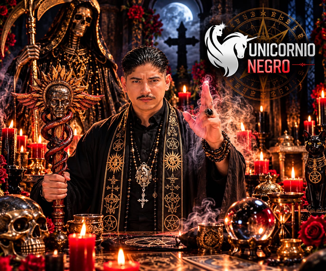 Unicornio Negro frente a un altar iluminado